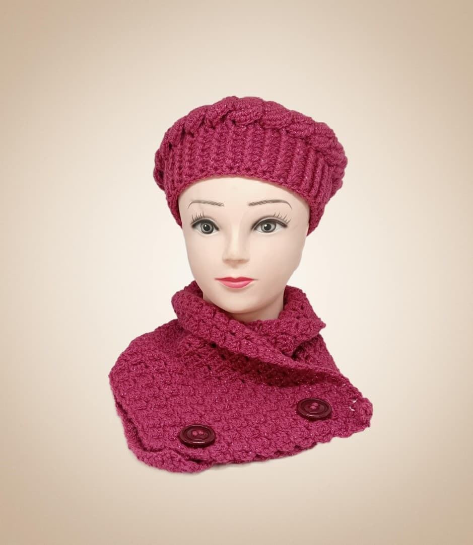 Conjunto gorro-boina rosa brillo - Imagen 1