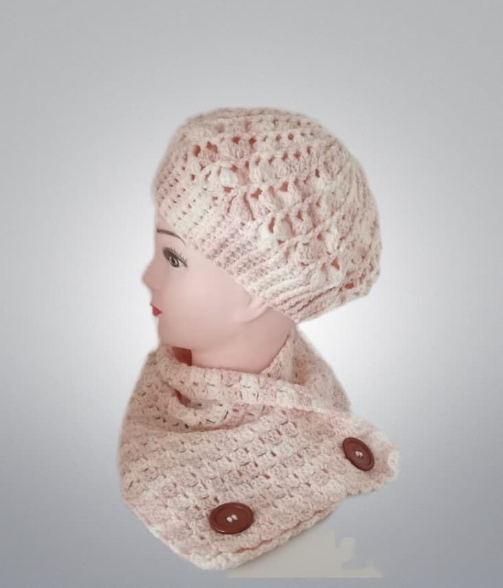 Conjunto gorro espiral, cuello o gorro individual jaspeado rosa claro, blanco hecho a mano a ganchillo - Imagen 2