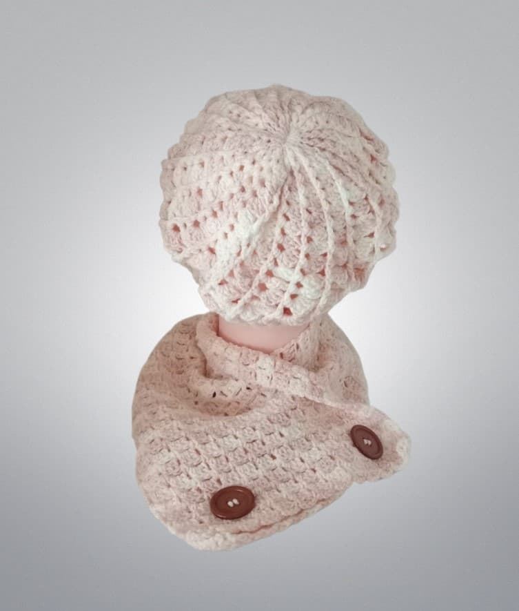 Conjunto gorro espiral, cuello o gorro individual jaspeado rosa claro, blanco hecho a mano a ganchillo - Imagen 3