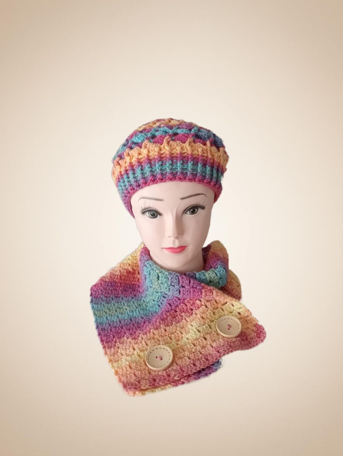 Conjunto gorro espiral y cuello o de forma individual jaspeado amarillo, rosa, azul hecho a mano a ganchillo - Imagen 1