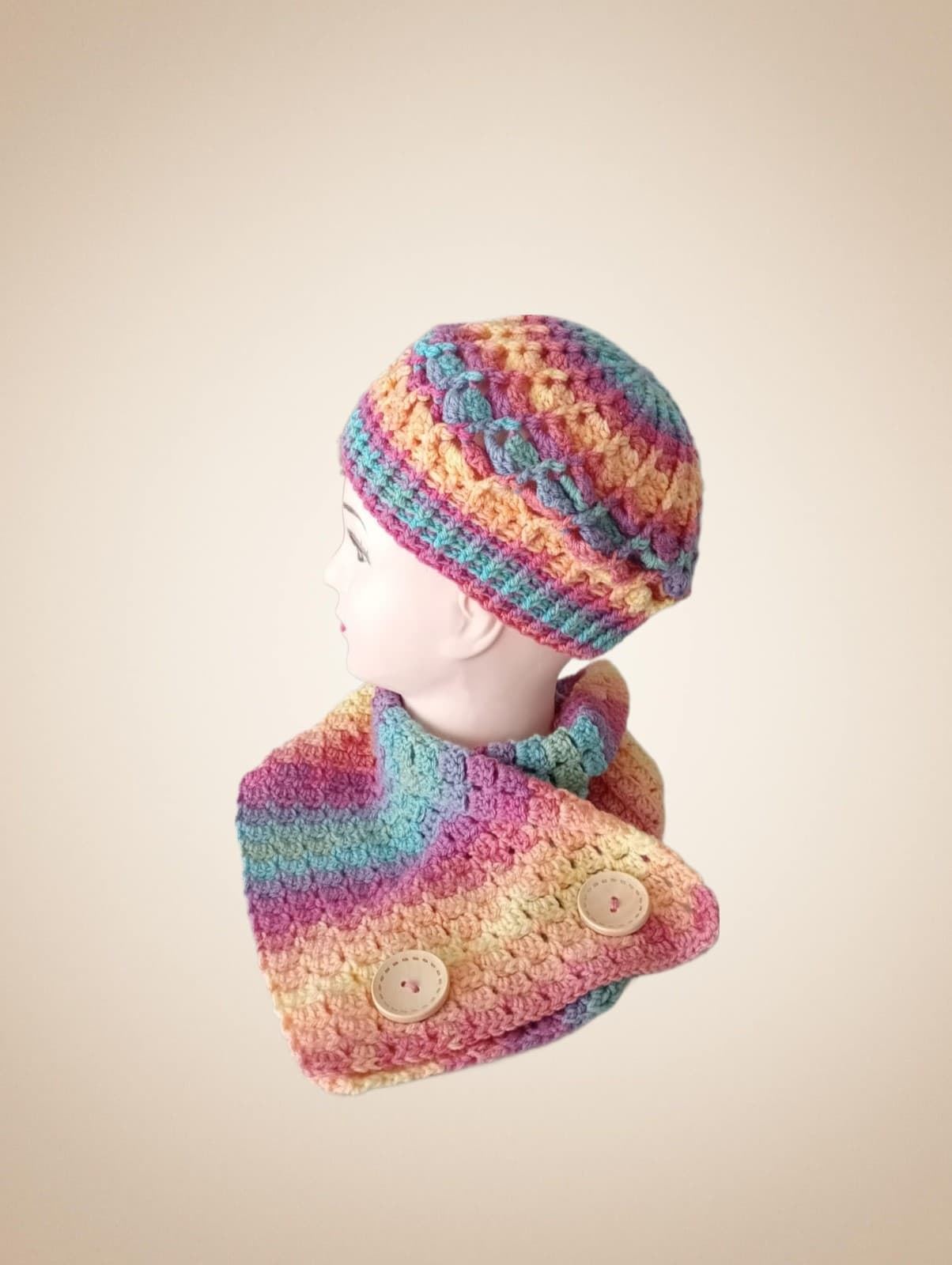 Conjunto gorro espiral y cuello o de forma individual jaspeado amarillo, rosa, azul hecho a mano a ganchillo - Imagen 2