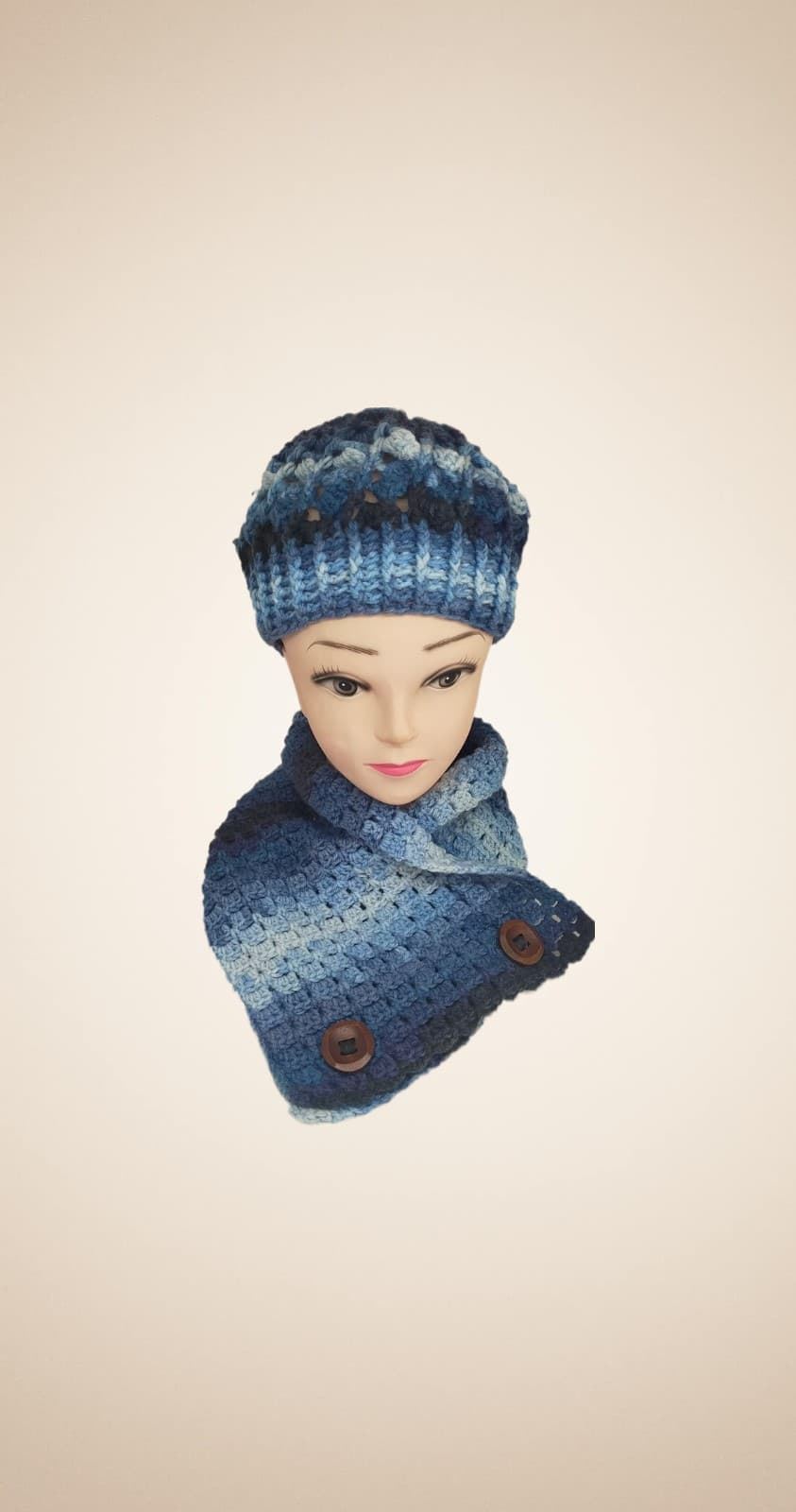 Conjunto gorro espiral y cuello o de forma individual jaspeado azul hecho a mano a ganchillo - Imagen 1