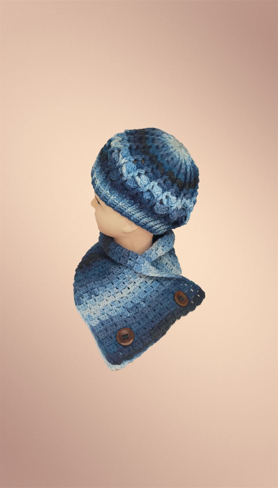 Conjunto gorro espiral y cuello o de forma individual jaspeado azul hecho a mano a ganchillo - Imagen 2