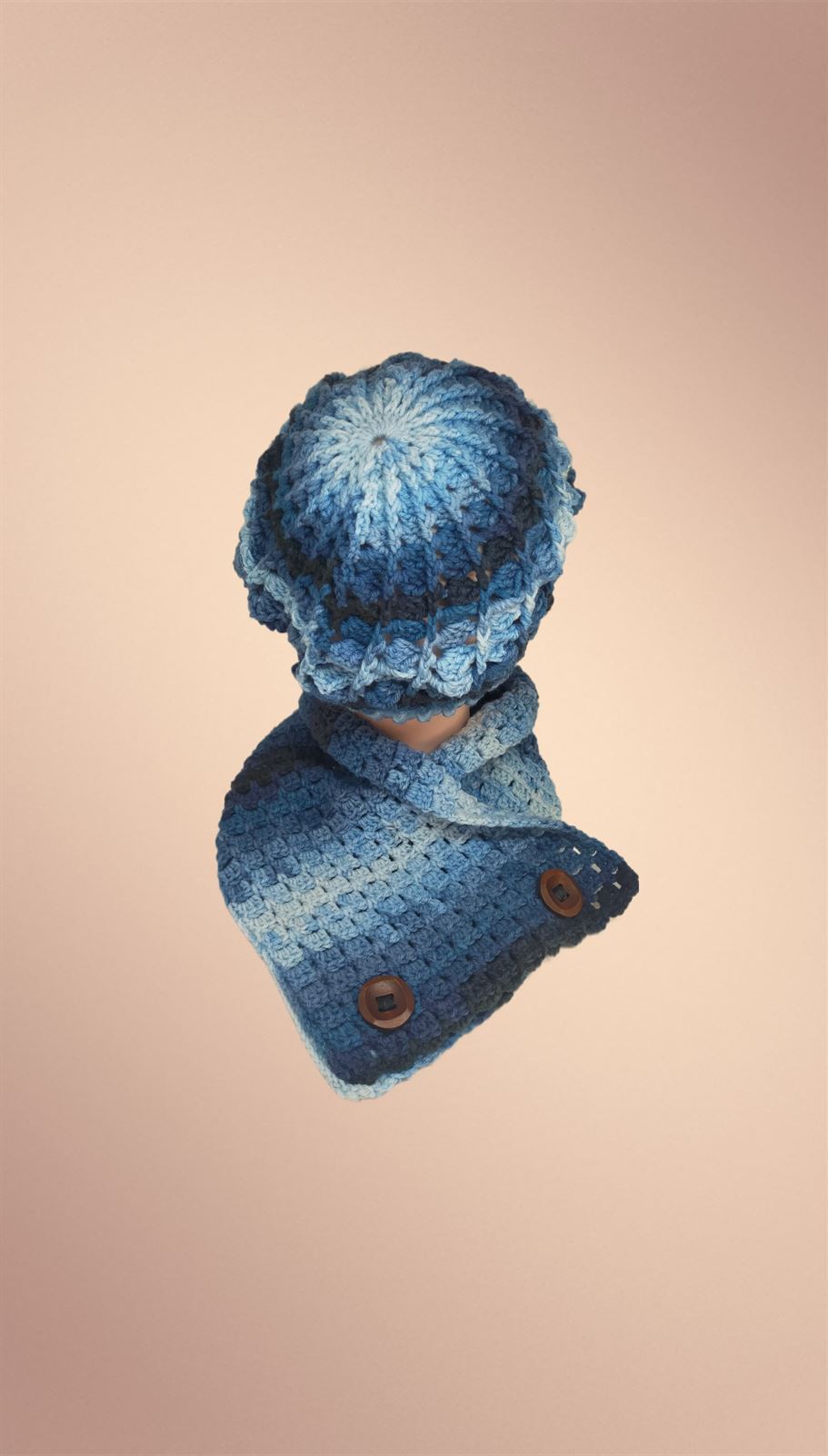 Conjunto gorro espiral y cuello o de forma individual jaspeado azul hecho a mano a ganchillo - Imagen 3