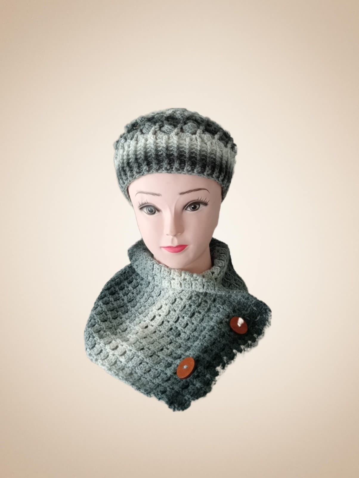 Conjunto gorro espiral y cuello o de forma individual jaspeado gris hecho a mano a ganchillo - Imagen 1