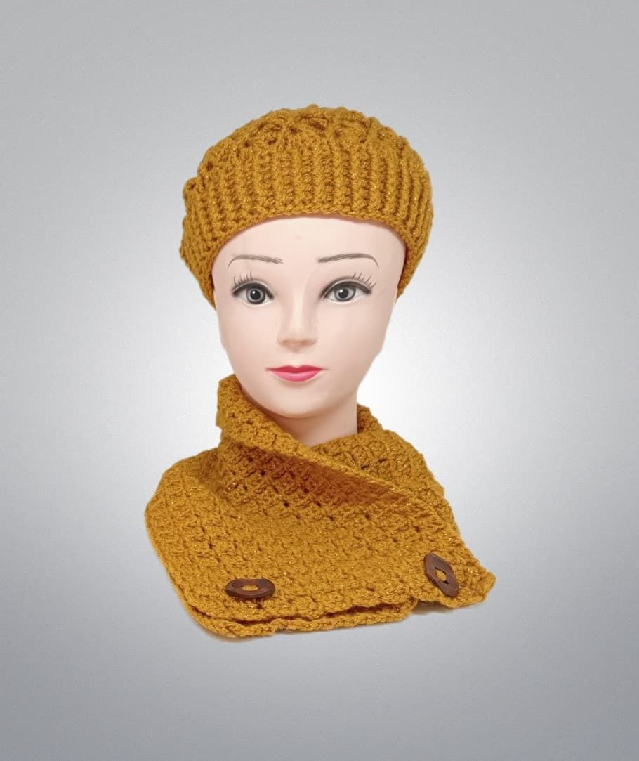 Conjunto gorro espiral y cuello o de forma individual mostaza hecho a mano a ganchillo - Imagen 1