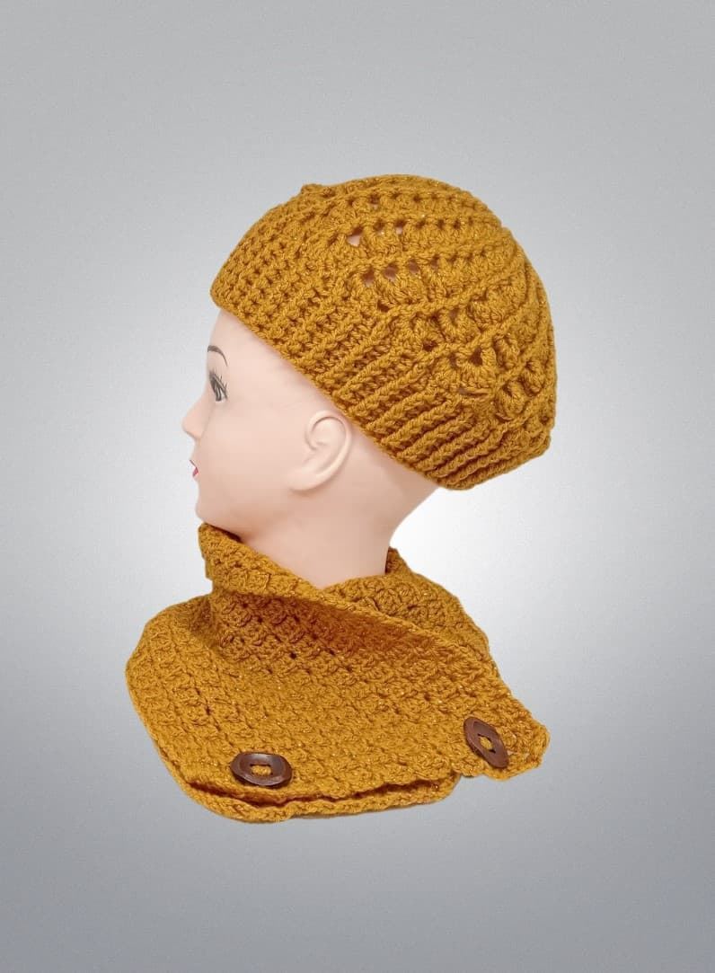 Conjunto gorro espiral y cuello o de forma individual mostaza hecho a mano a ganchillo - Imagen 2