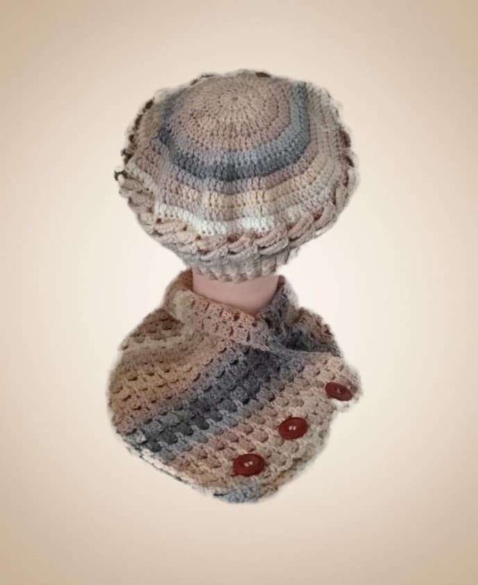 Conjunto gorro hondas y cuello o de forma individual jaspeado beige, gris hecho a mano a ganchillo - Imagen 3