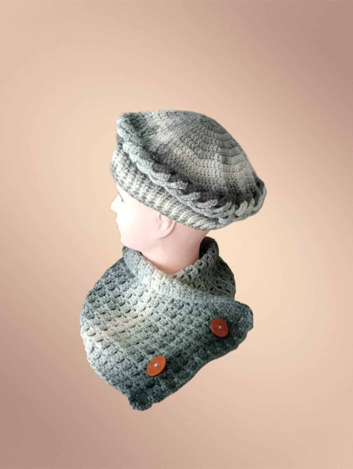 Conjunto gorro hondas y cuello o de forma individual jaspeado gris hecho a mano a ganchillo - Imagen 2