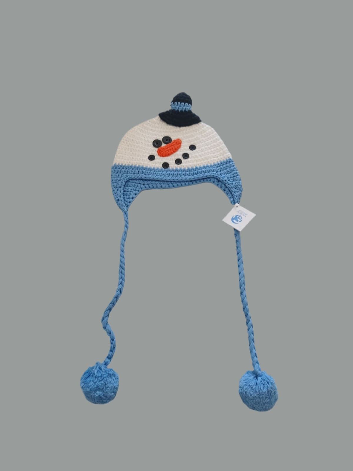 Gorro muñeco de nieve navidad azul hecho a mano a ganchillo. - Imagen 1