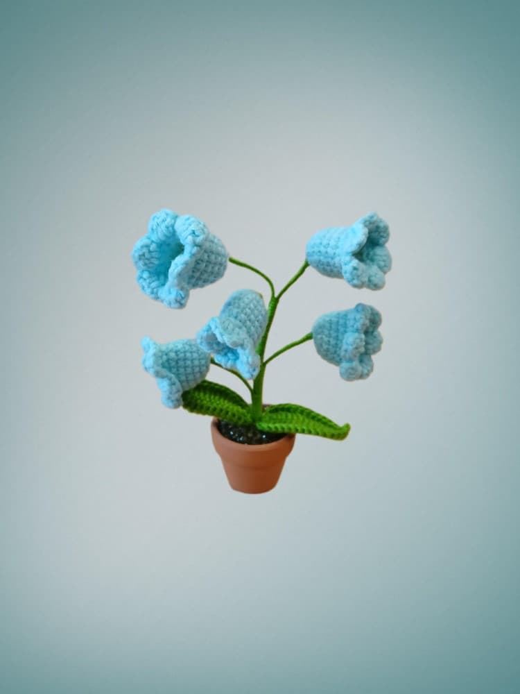 Planta con tarro barro 5 flores azul hecha a mano a ganchillo (amigurumi). - Imagen 1