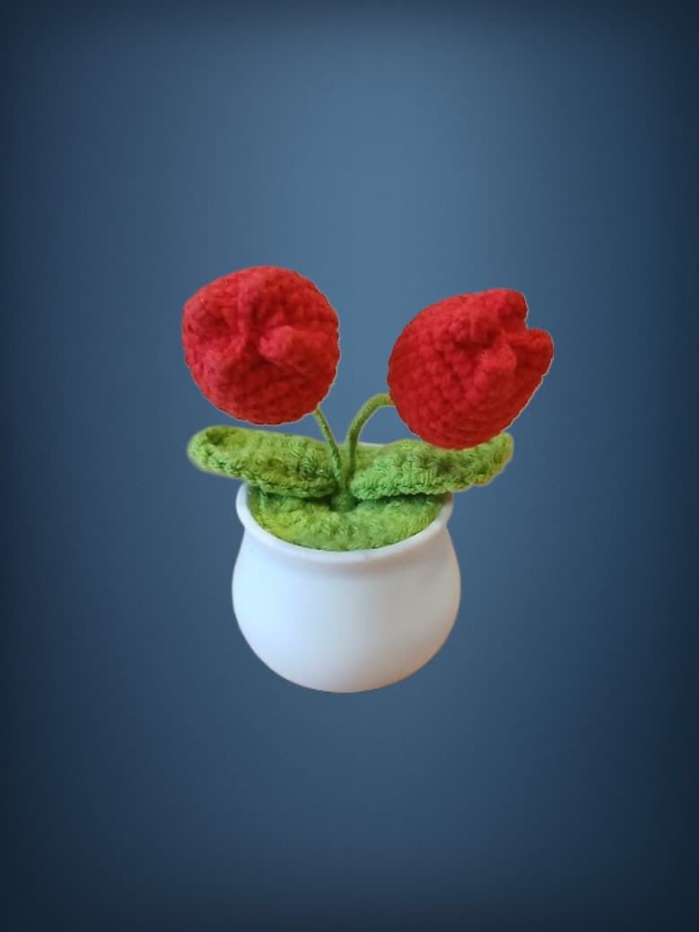 Planta con tarro blanco 2 tulipanes rojos hecha a mano a ganchillo (amigurumi). - Imagen 1