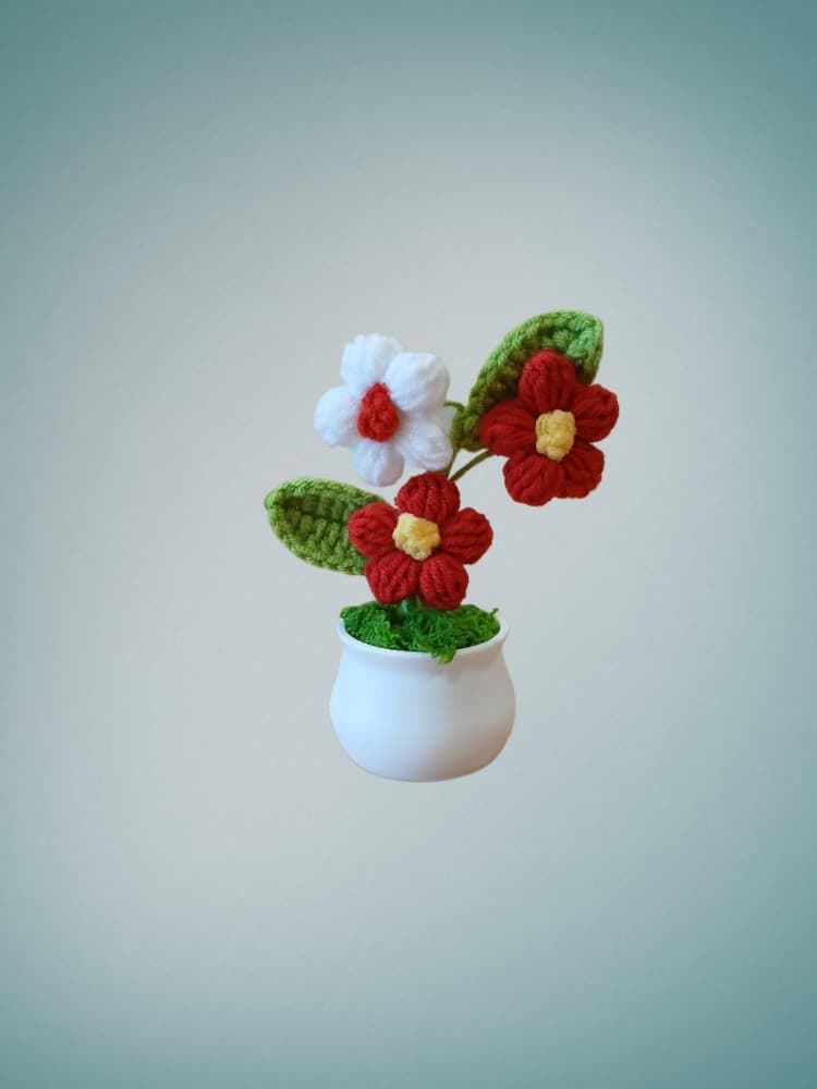 Planta con tarro blanco 3 flores (2 rojas y 1 blanca) marrones hecha a mano a ganchillo (amigurumi). - Imagen 1